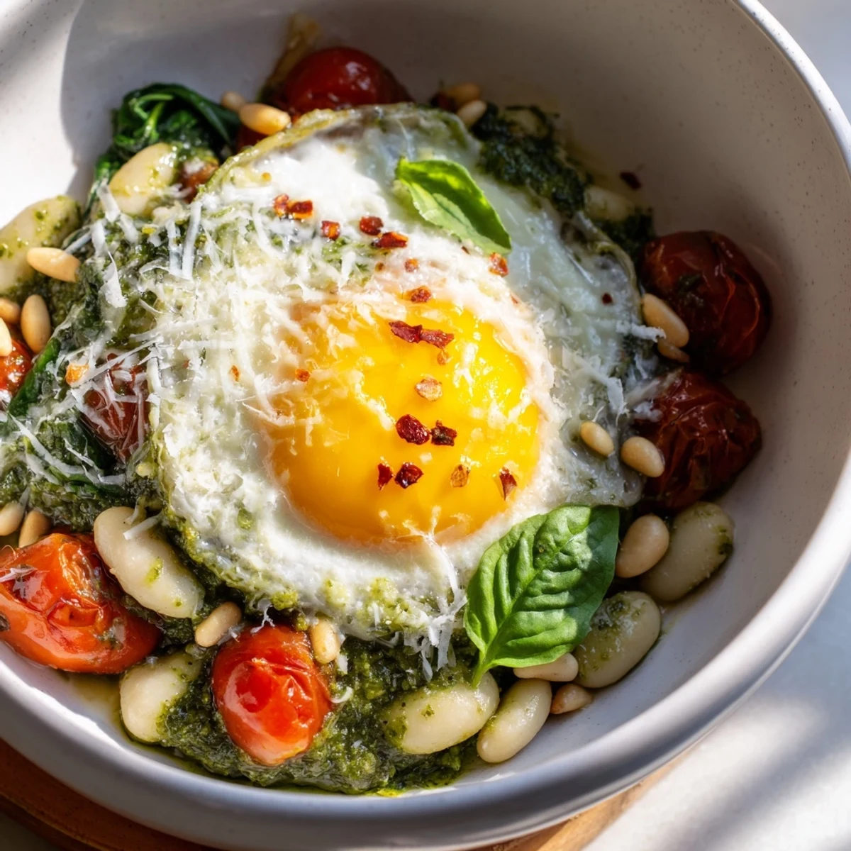 Creamy white bean breakfast bowl with vibrant green pesto, sautéed spinach, and a perfectly cooked egg