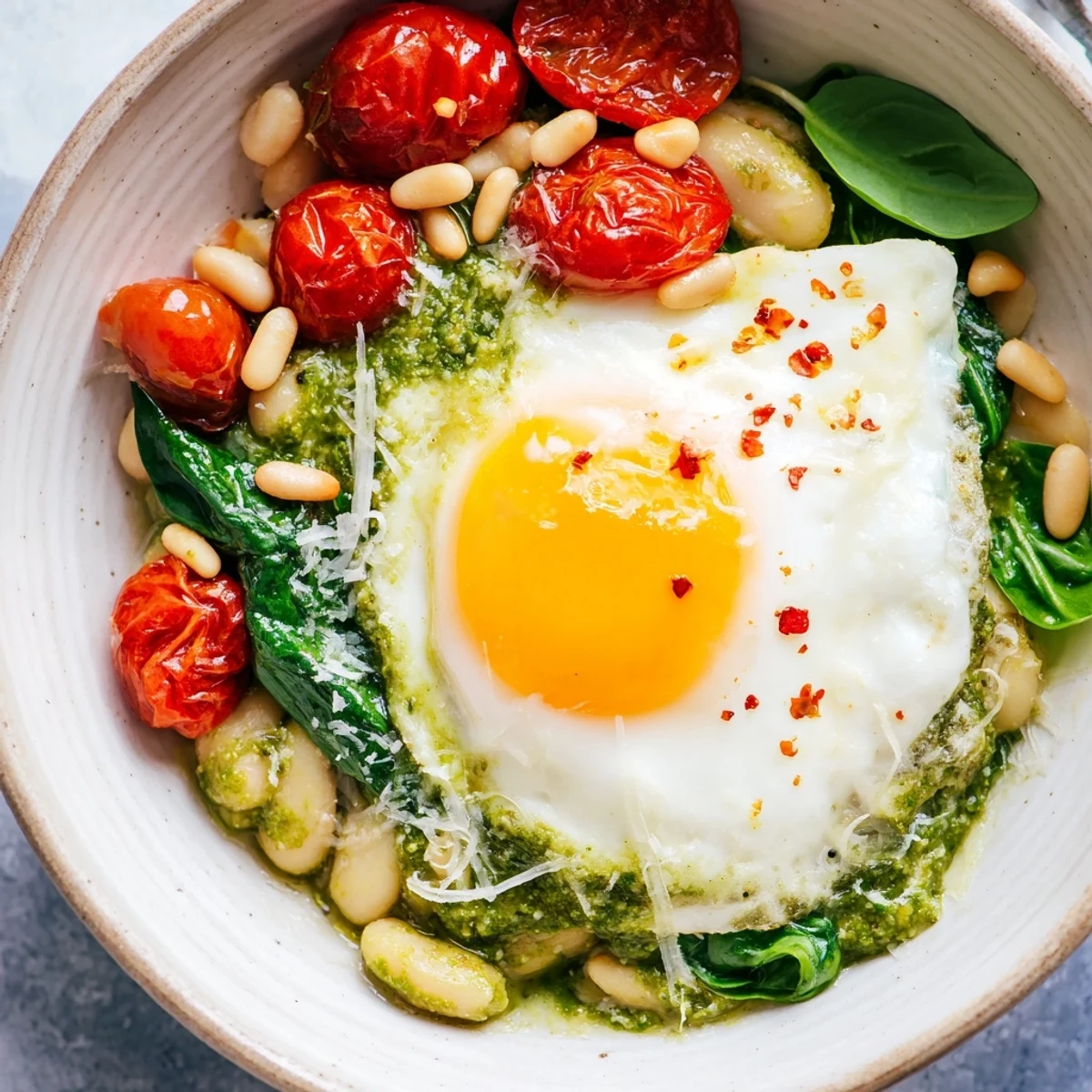 Mediterranean-inspired pesto white bean breakfast bowl garnished with pine nuts, Parmesan, and red pepper flakes