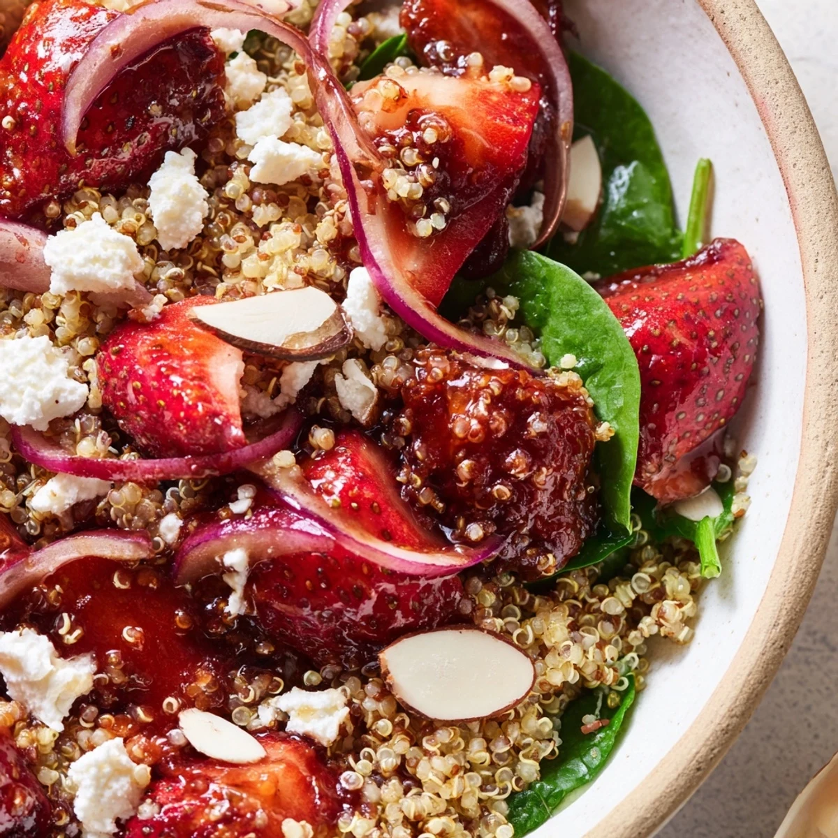 Vibrant roasted strawberry spinach quinoa grain salad garnished with almonds and red onion slices