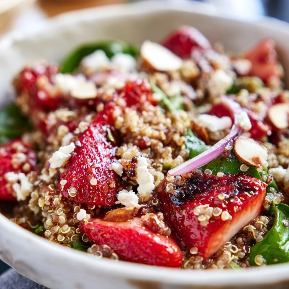 Golden roasted strawberries atop fluffy quinoa and fresh spinach drizzled with tangy balsamic vinaigrette