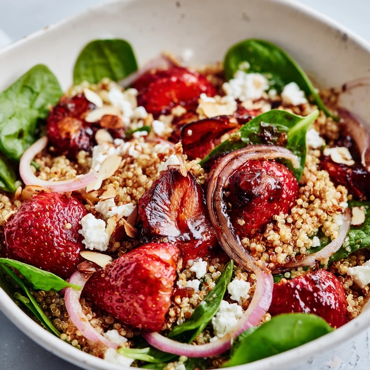 Close up of quinoa grain salad with sweet roasted strawberries baby spinach and balsamic dressing