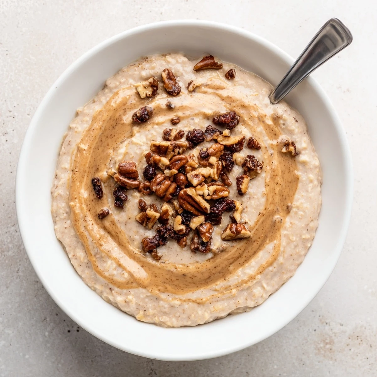 Creamy cinnamon roll blended oats breakfast bowl topped with swirled almond butter cinnamon mixture and chopped pecans
