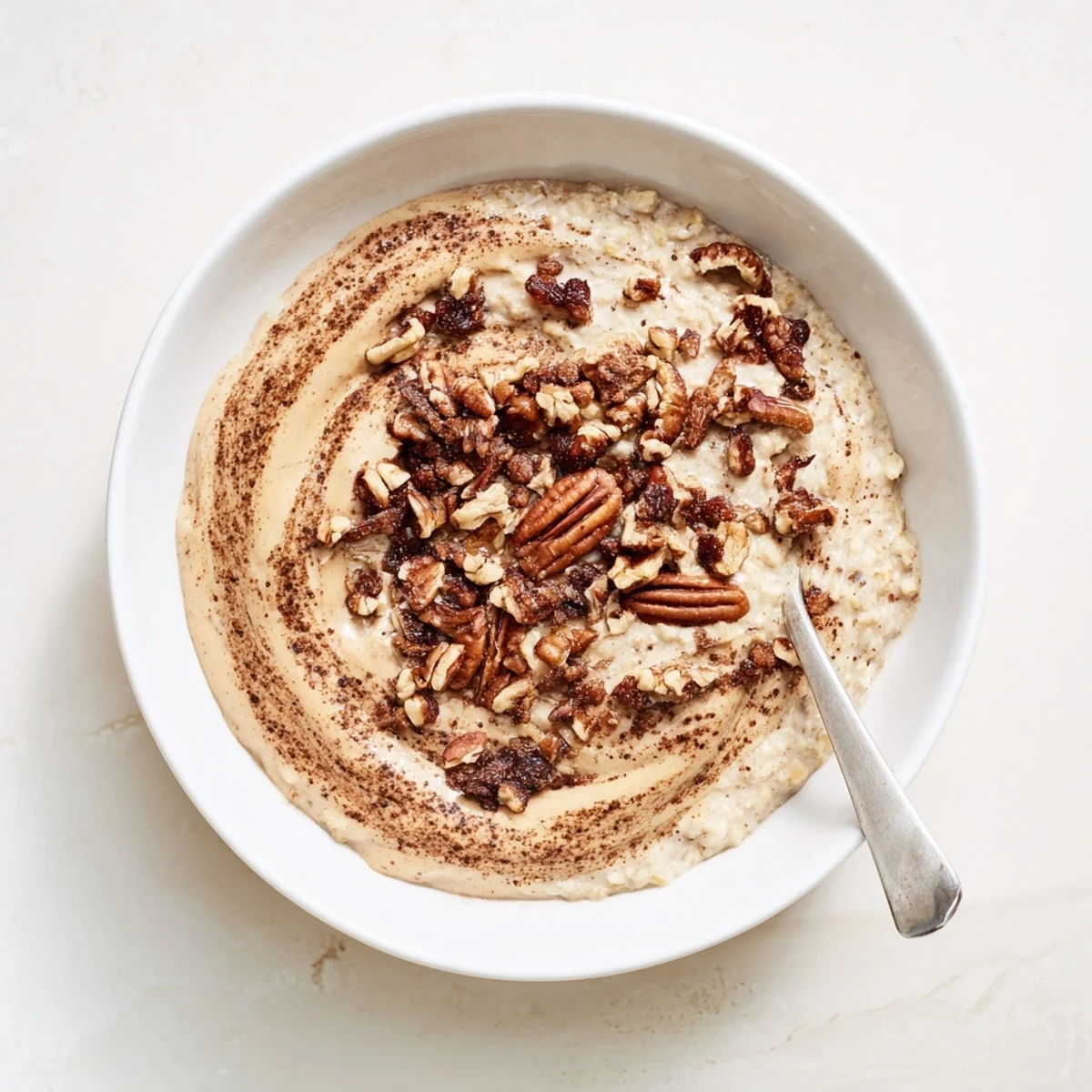 Warm cinnamon roll blended oats breakfast bowl featuring sweet cinnamon ripple and maple drizzle in a white serving dish