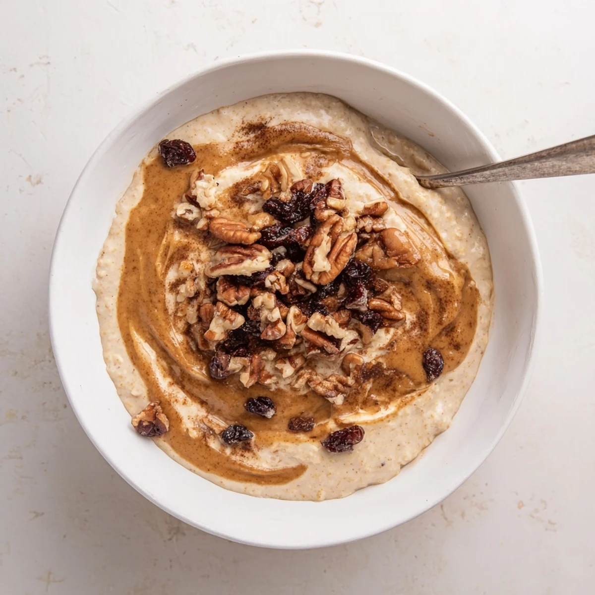 Thick and smooth cinnamon roll blended oats breakfast bowl with banana base and generous cinnamon swirl topping