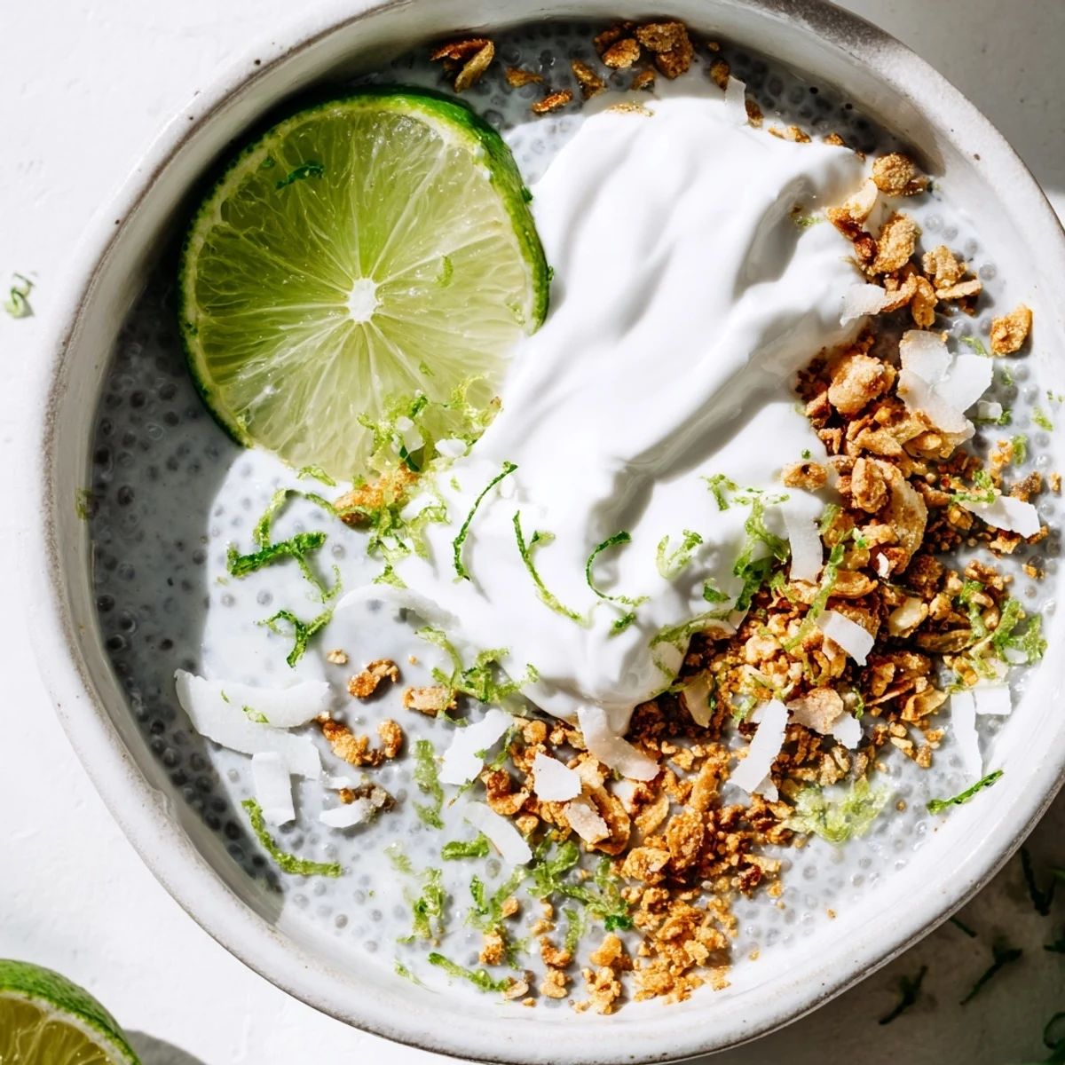Creamy key lime pie chia breakfast bowl topped with Greek yogurt and graham cracker crumbs