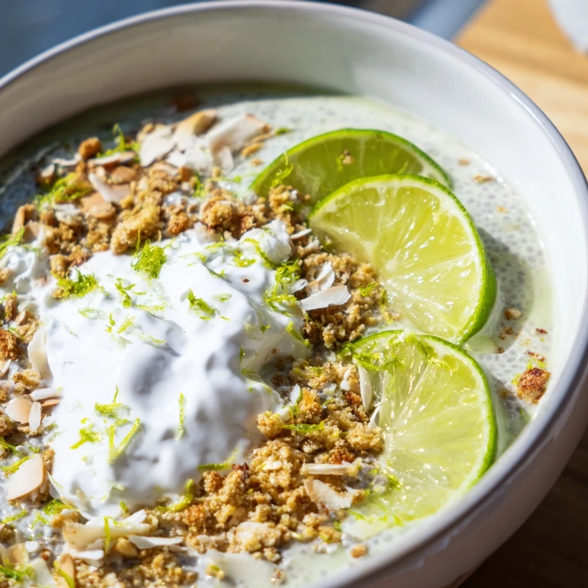 Zesty key lime pie chia breakfast bowl in a white serving bowl with granola topping