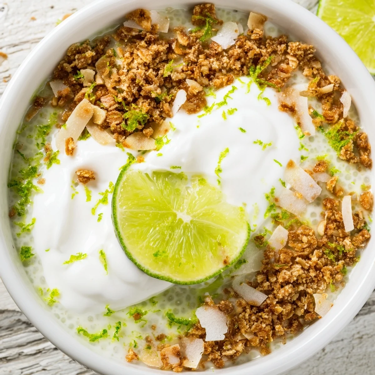 Refreshing key lime pie chia breakfast bowl garnished with fresh lime wedges and coconut