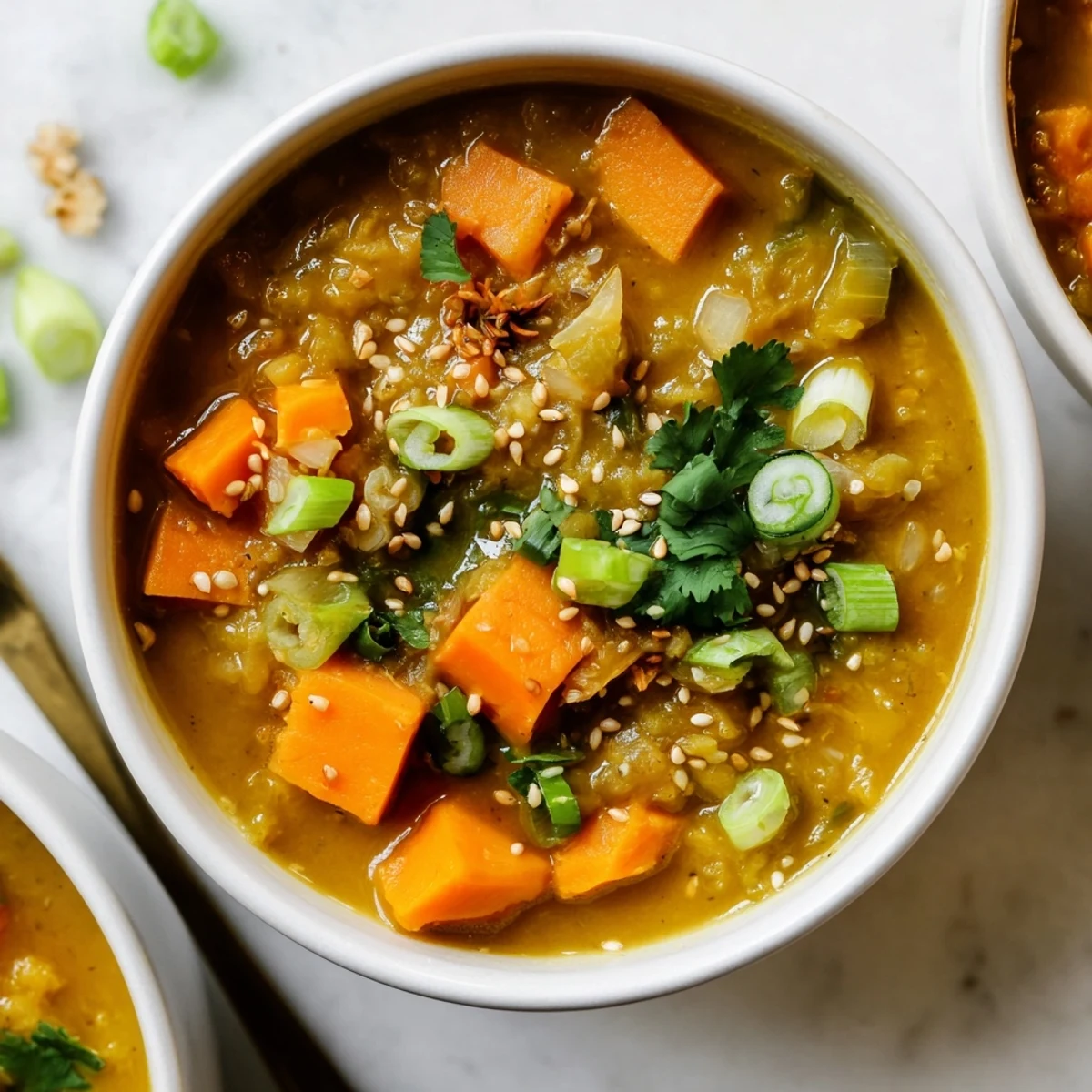 Creamy golden miso sweet potato soup garnished with green onions and toasted sesame seeds