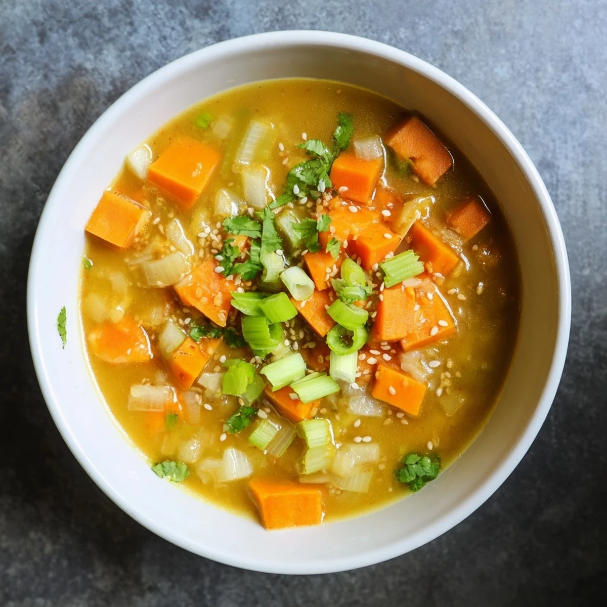 Velvety Japanese-inspired golden miso sweet potato soup served in white ceramic bowl with sprinkled toppings
