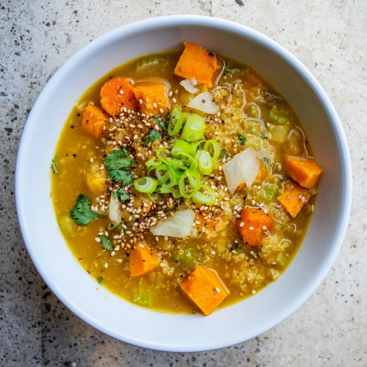 Steaming bowl of hearty sweet potato miso soup with vibrant orange broth and floating herbs