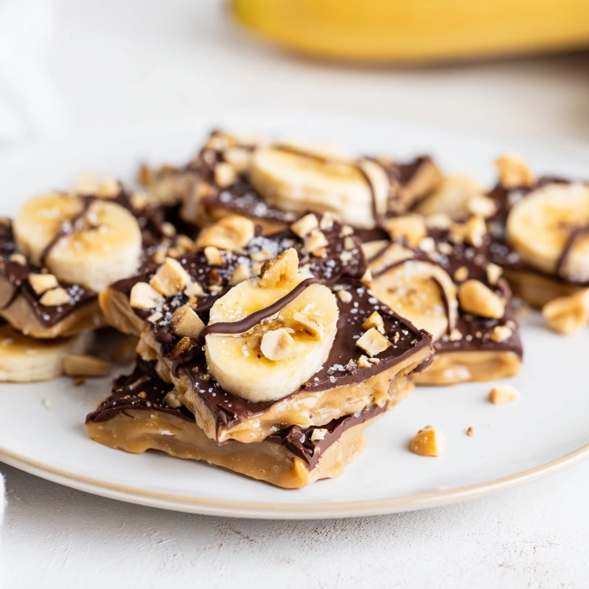 Creamy peanut butter layered over frozen banana slices topped with chopped roasted peanuts and chocolate swirls