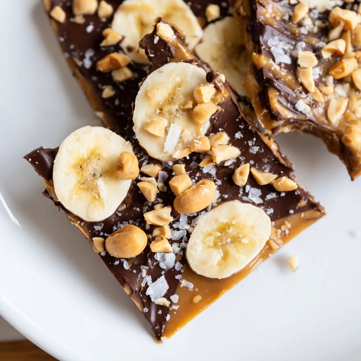 Homemade frozen banana peanut butter bark broken into irregular pieces showing chocolate peanut butter and banana layers