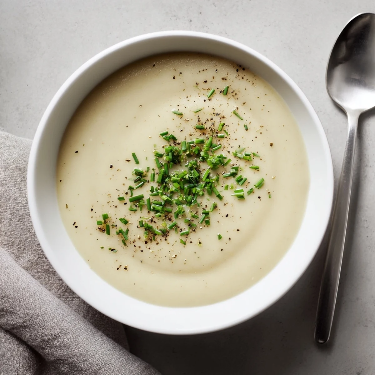 Velvety celery root and leek soup ladled into serving bowls with black pepper topping