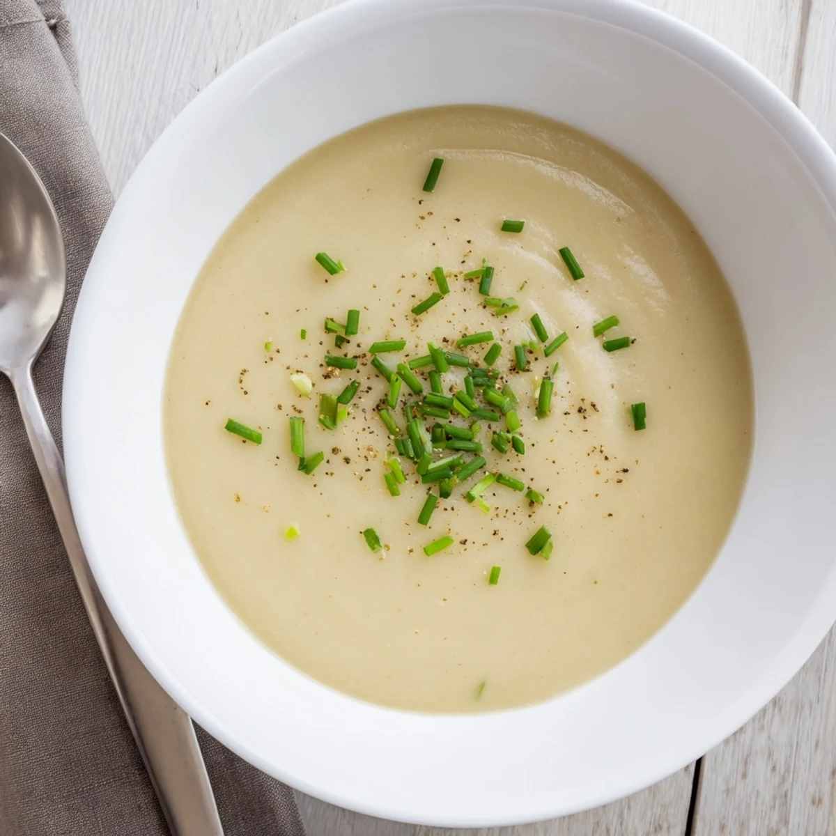 Rich celery root and leek hearty soup swirled with cream and chopped parsley