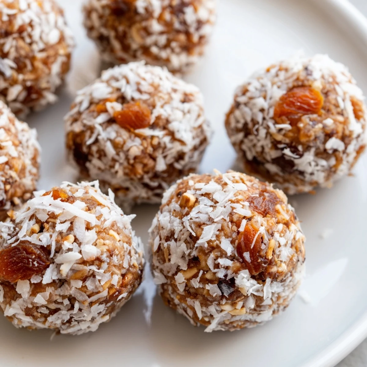 Close-up of no-bake apricot coconut cashew treats drizzled with coconut oil and chia seeds
