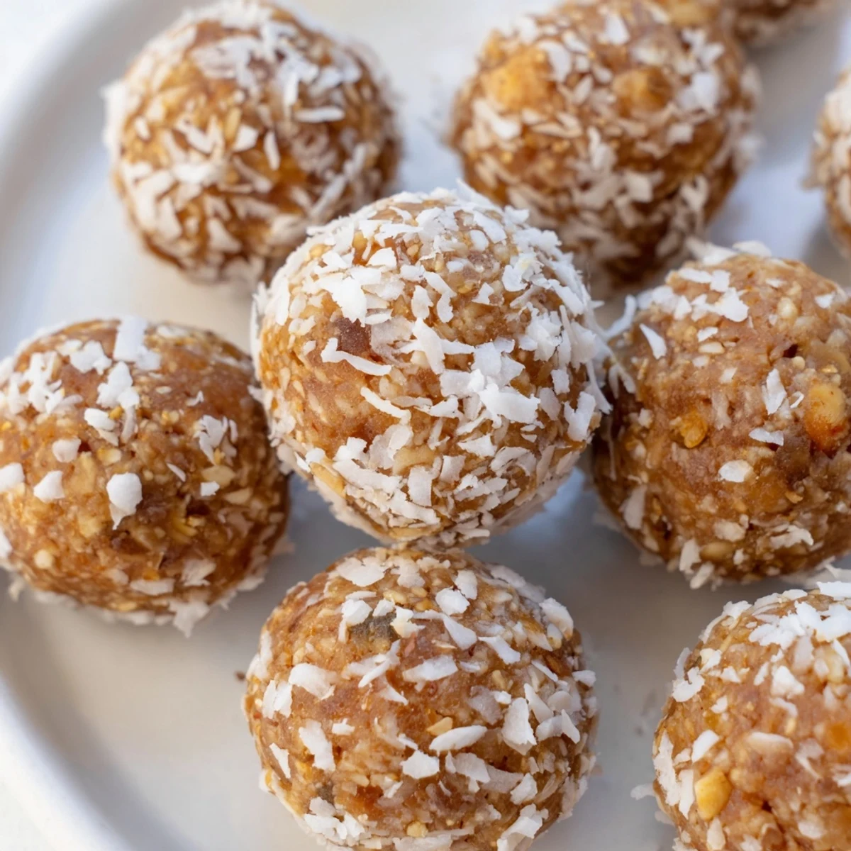 Chewy apricot coconut cashew energy bites rolled in shredded coconut on a white plate