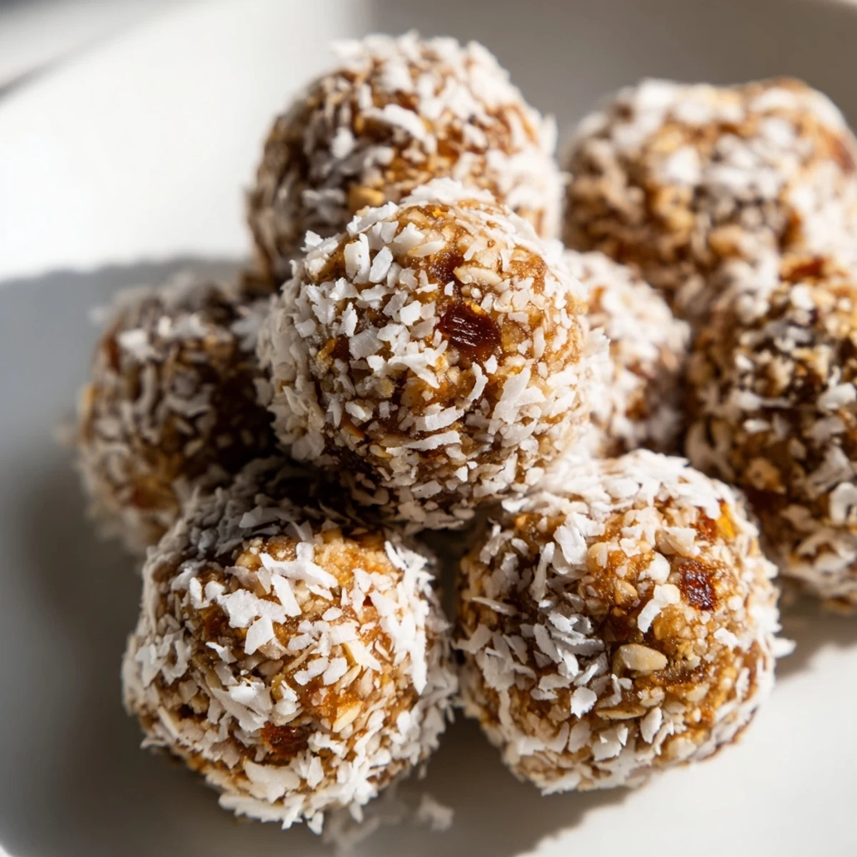 Hand holding wholesome apricot coconut cashew energy balls with coconut coating visible