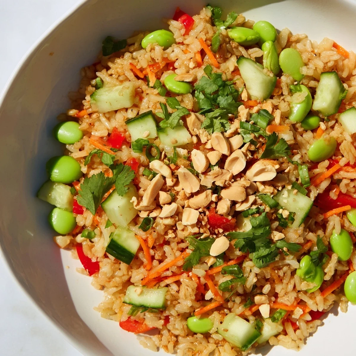 Golden crispy rice topped with vibrant edamame and red bell pepper in sesame dressing