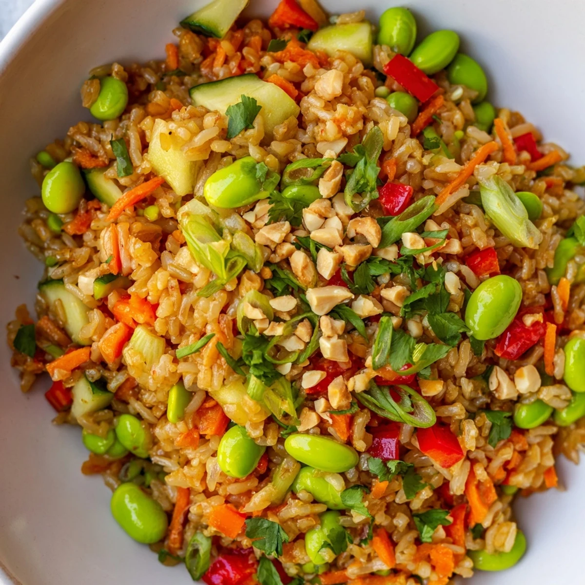 Colorful crispy rice and edamame sesame grain salad in white bowl with fresh vegetables