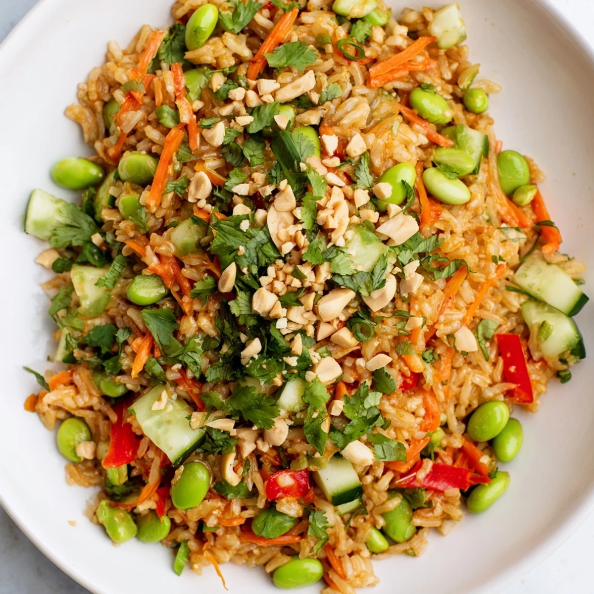 Serving of crispy rice edamame salad garnished with cilantro and sesame seeds on platter