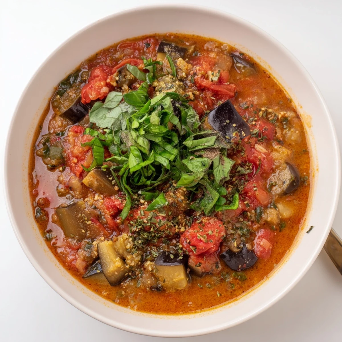 Creamy roasted eggplant and tomato hearty soup garnished with fresh green basil leaves