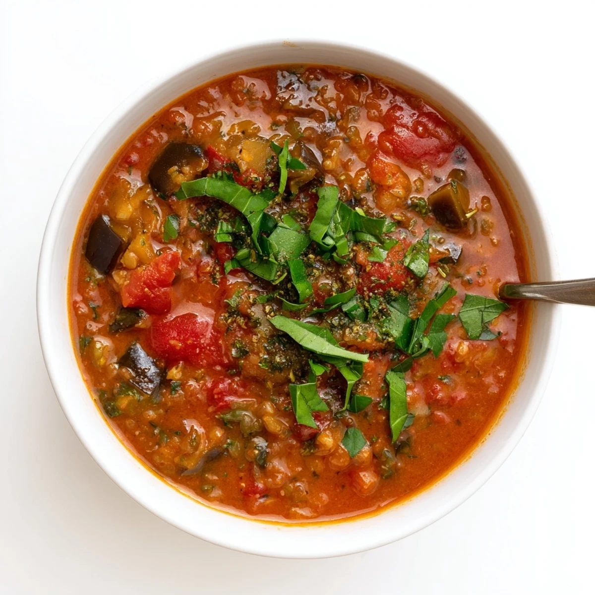 Rustic bowl of roasted eggplant and tomato hearty soup served with crusty bread