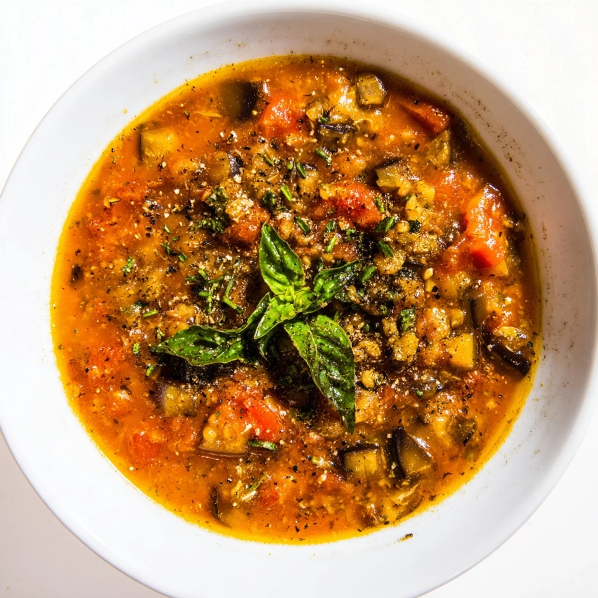 Golden roasted eggplant and tomato hearty soup simmered with aromatic Mediterranean dried herbs