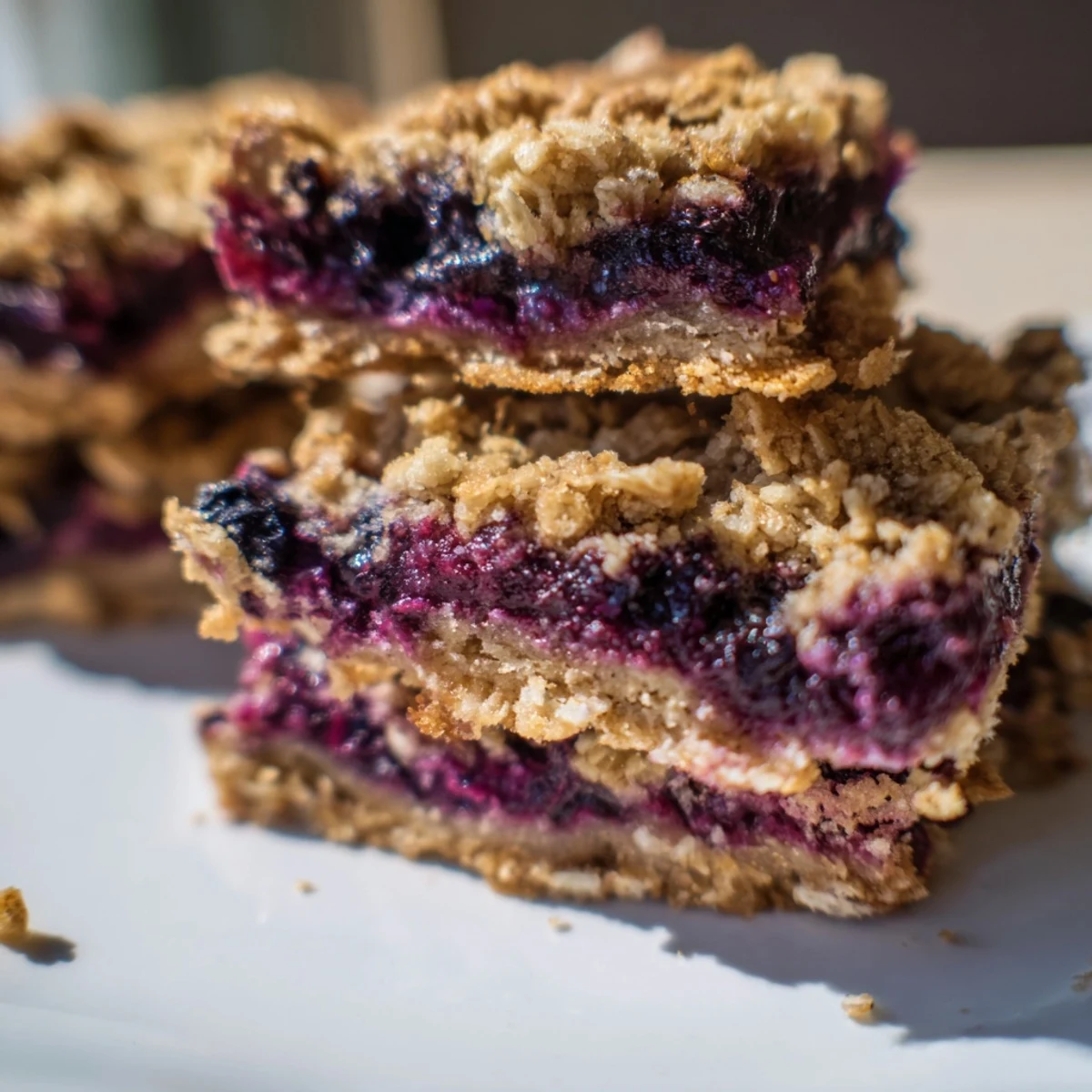 Golden blueberry coconut crumble sweet treat bars fresh from the oven with bubbling fruit filling