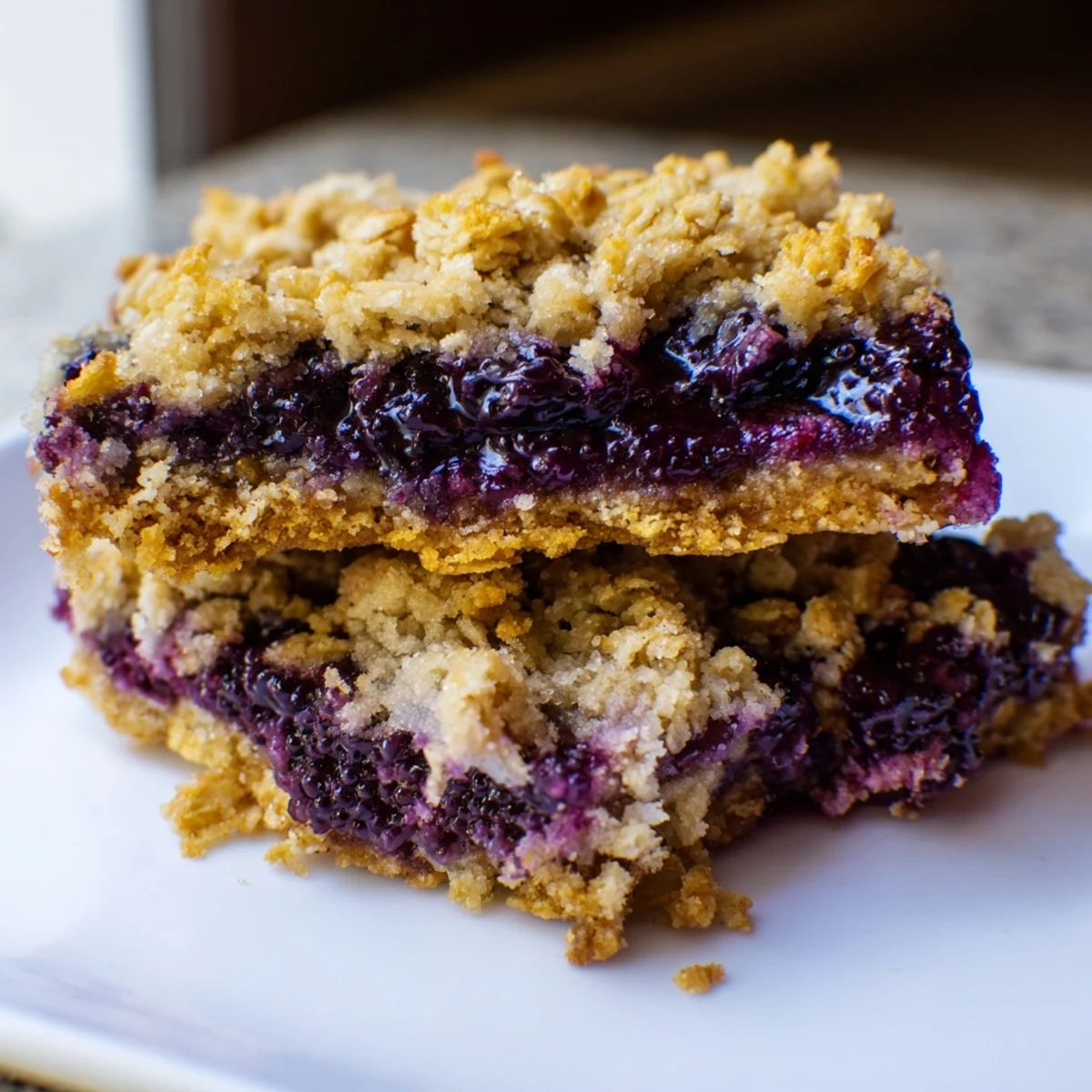 Homemade blueberry coconut crumble sweet treat bars showing layered oat crumble and juicy berry filling