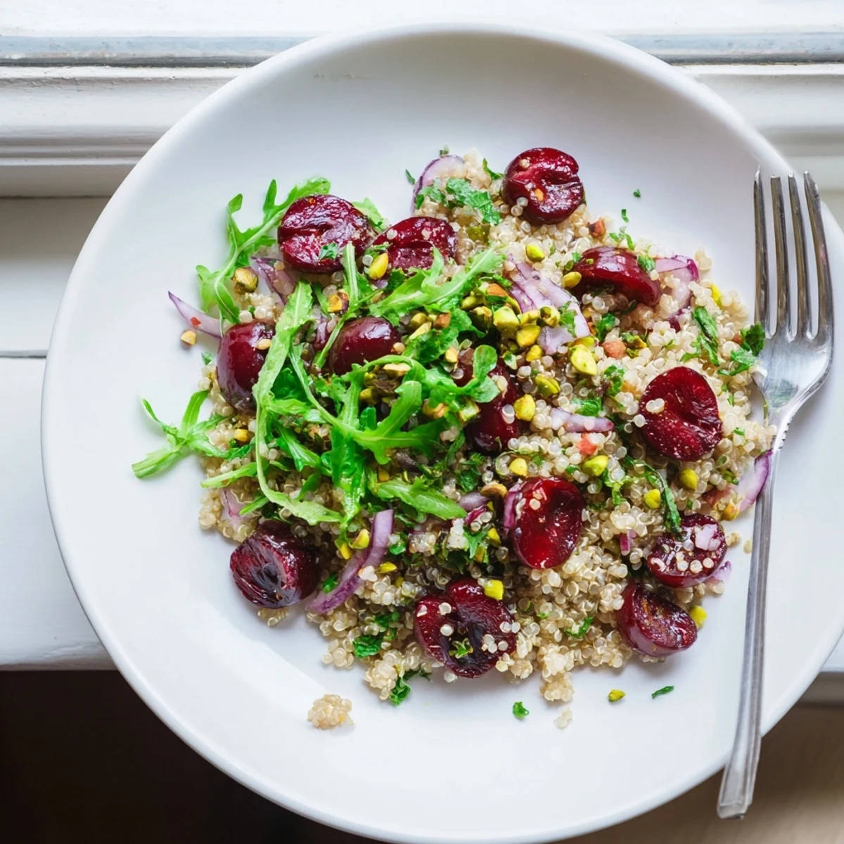 Colorful roasted cherry and pistachio quinoa grain salad bowl drizzled with citrus vinaigrette