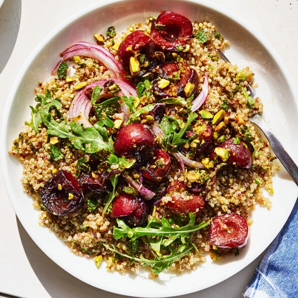 Vibrant summer salad featuring sweet roasted cherries and crunchy pistachios over fluffy quinoa