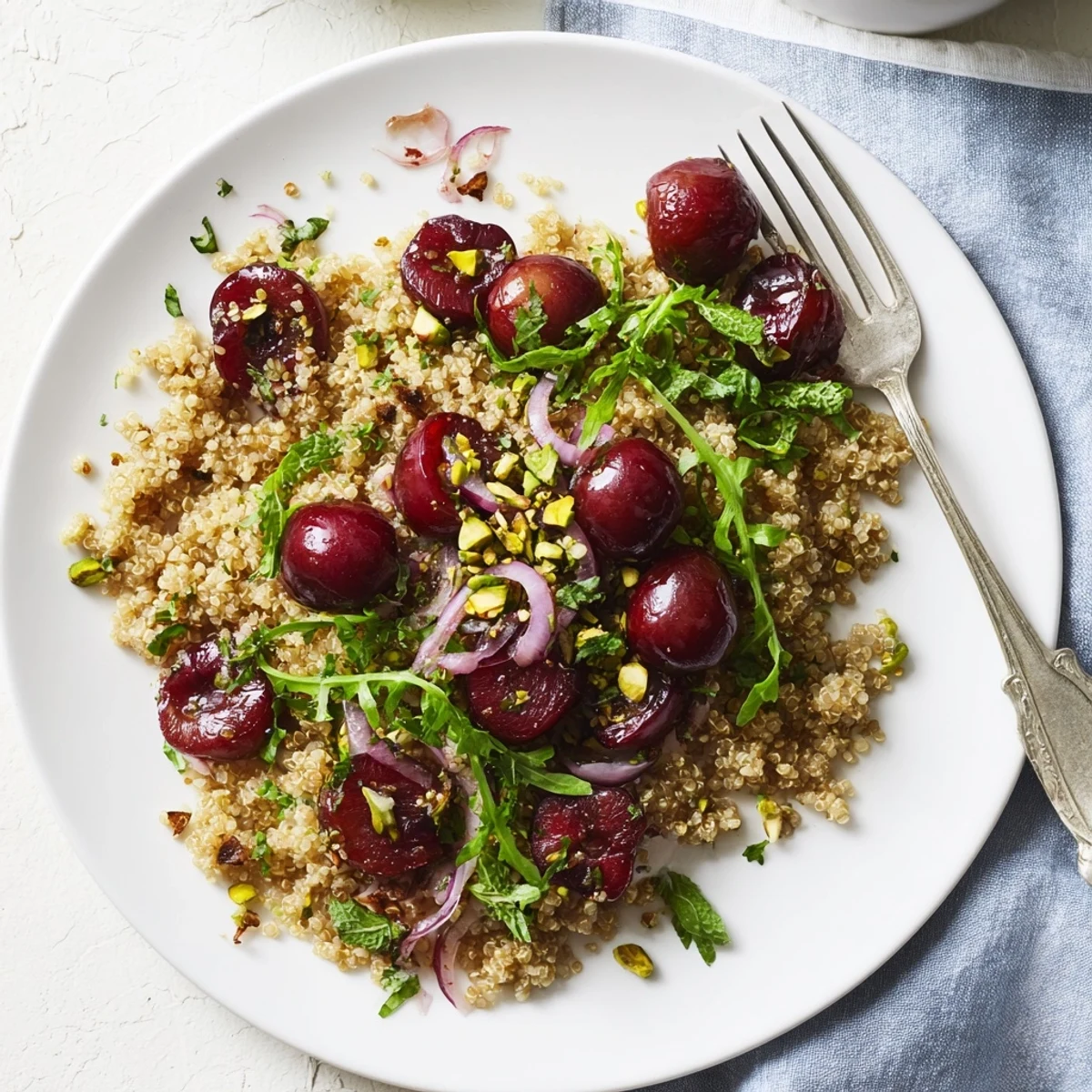 Fresh gluten-free quinoa grain salad with juicy cherries, mint, and toasted pistachios