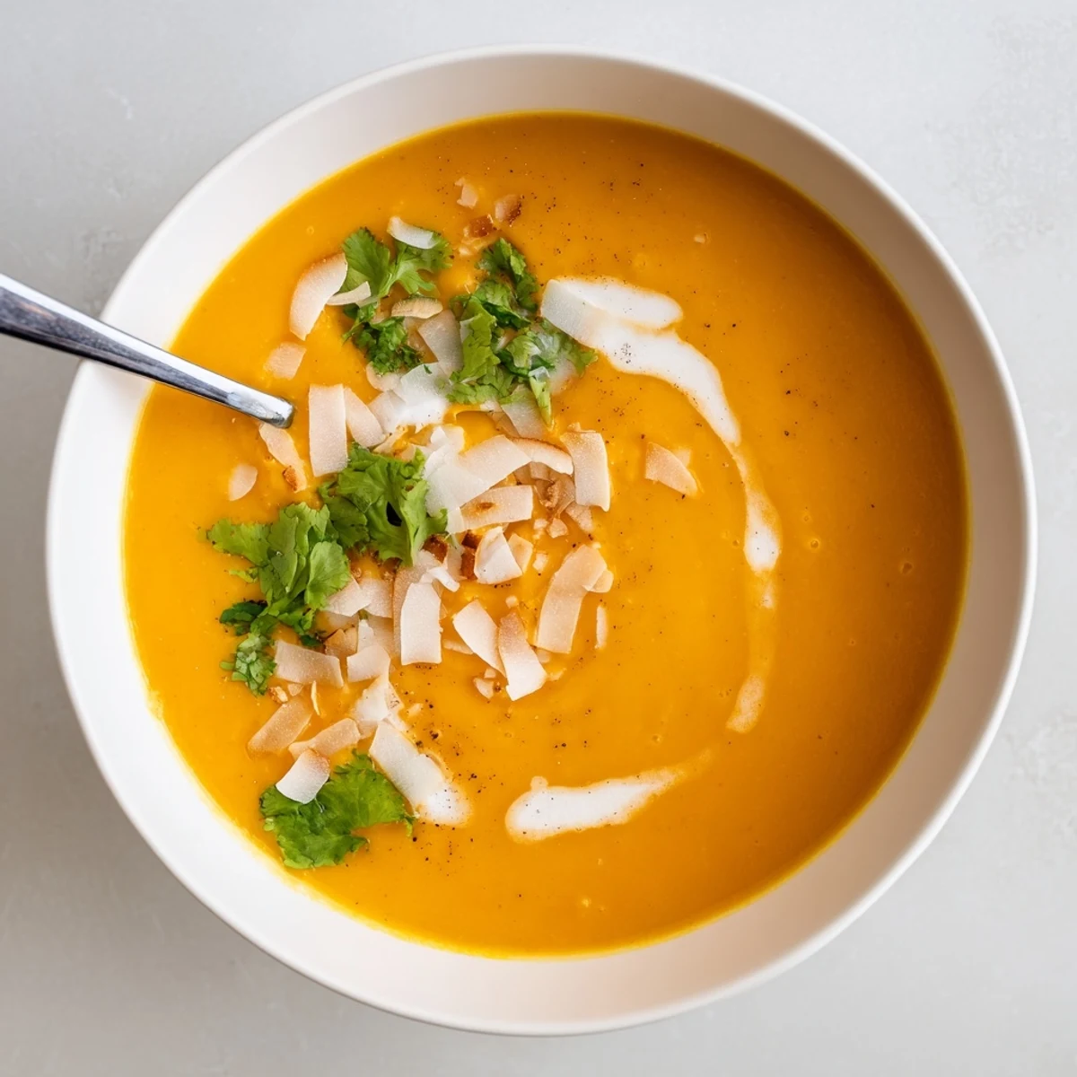 Creamy carrot coconut ginger soup garnished with fresh cilantro and toasted coconut flakes