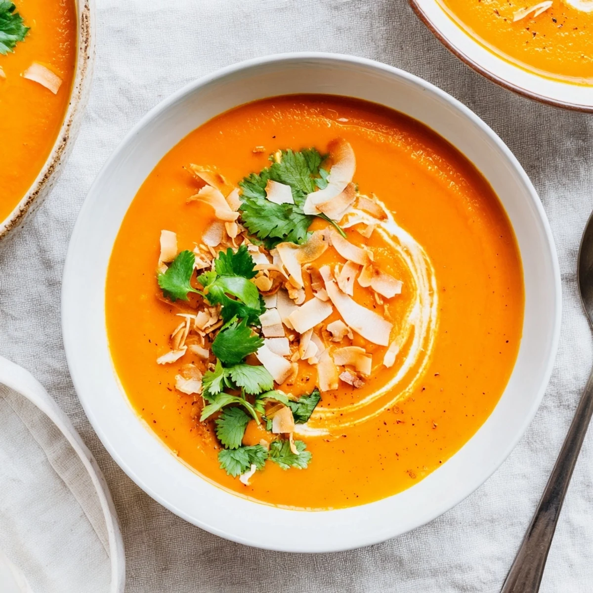 Silky smooth orange soup topped with coconut swirl and coriander in white bowl