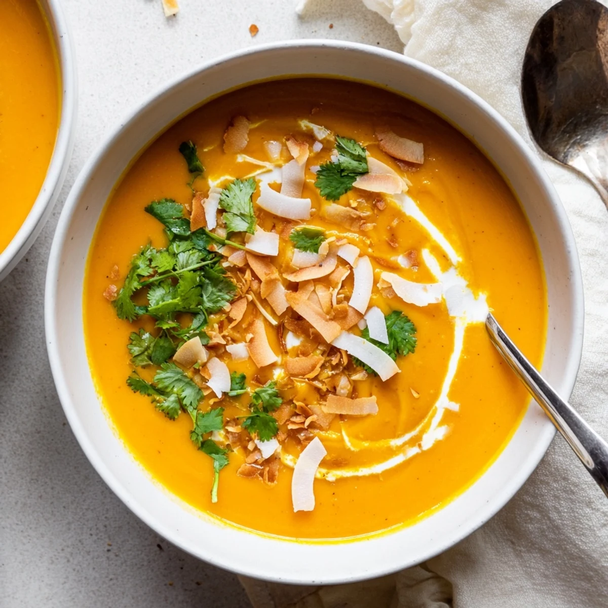Vegan carrot ginger soup drizzled with coconut milk served hot for lunch
