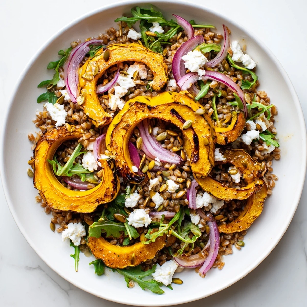 Hearty farro grain salad with sweet roasted squash, peppery arugula, and zesty lemon dressing