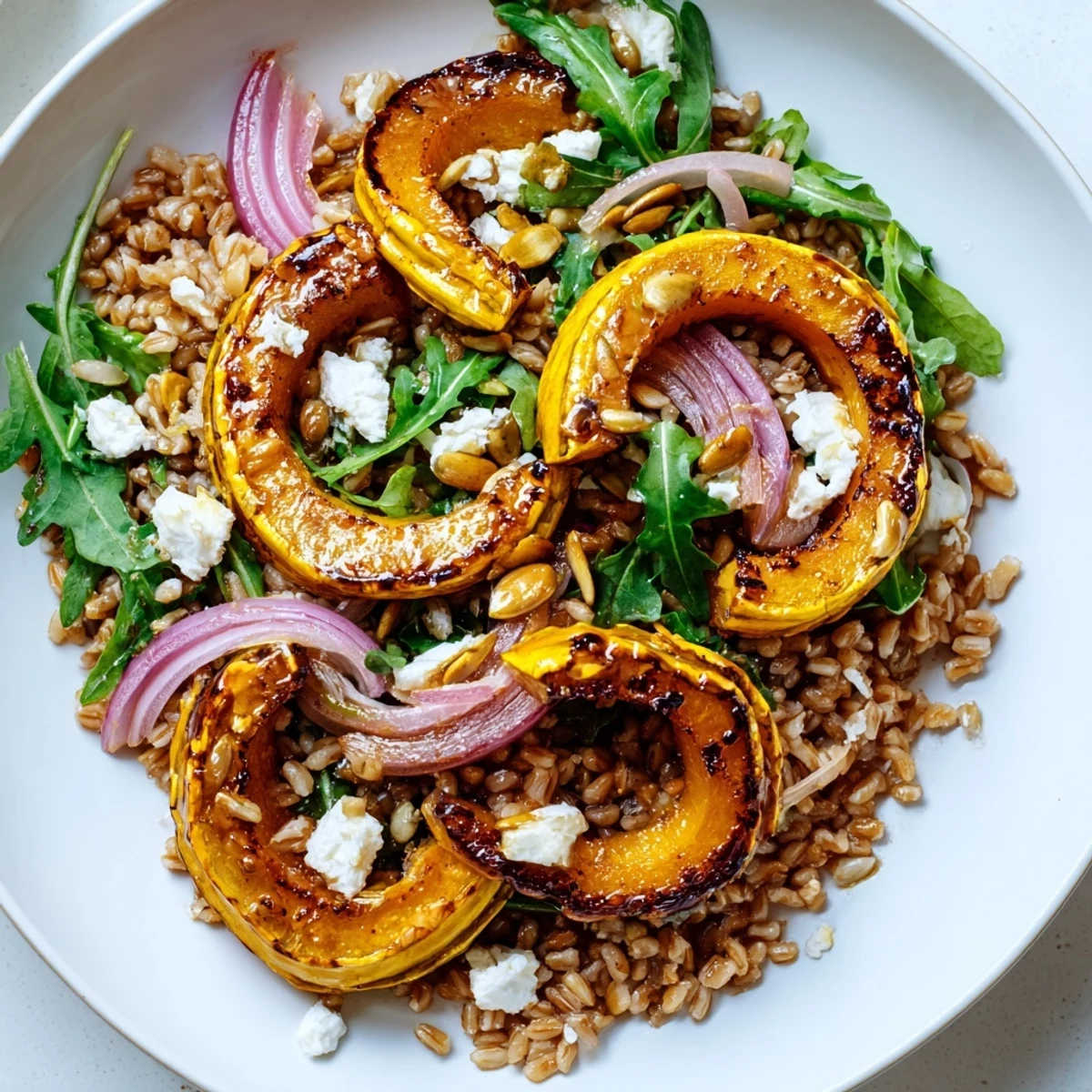 Colorful bowl of roasted delicata squash arugula farro salad with crumbled feta and pepitas