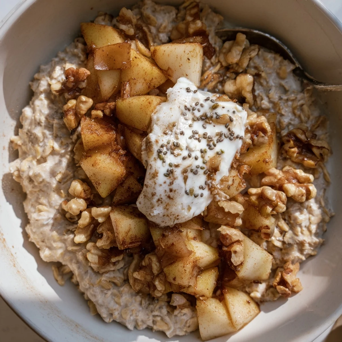 Warm spiced pear cardamom oat breakfast bowl garnished with yogurt chia seeds and pecans
