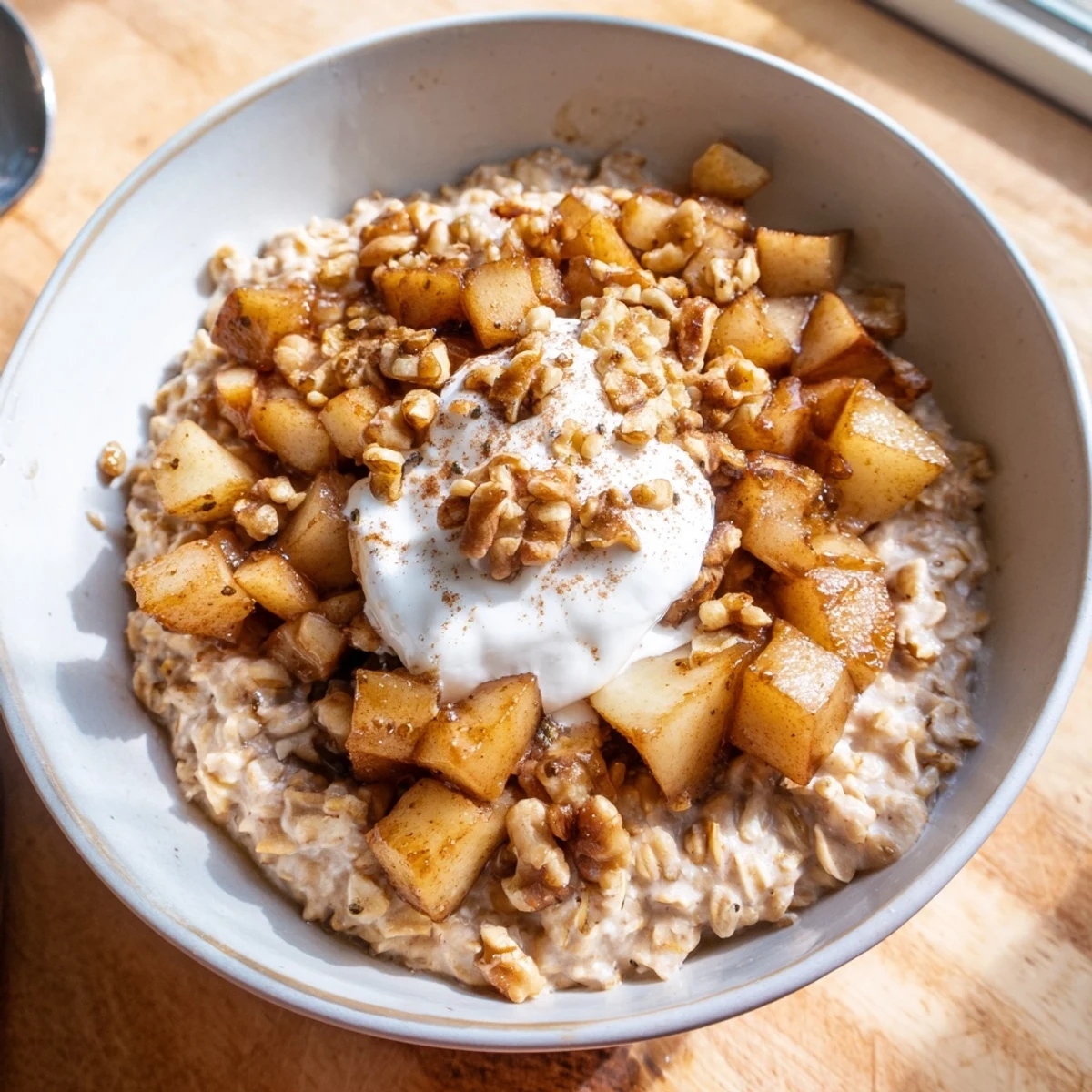 Creamy spiced pear cardamom oat breakfast bowl topped with caramelized pears and crunchy walnuts