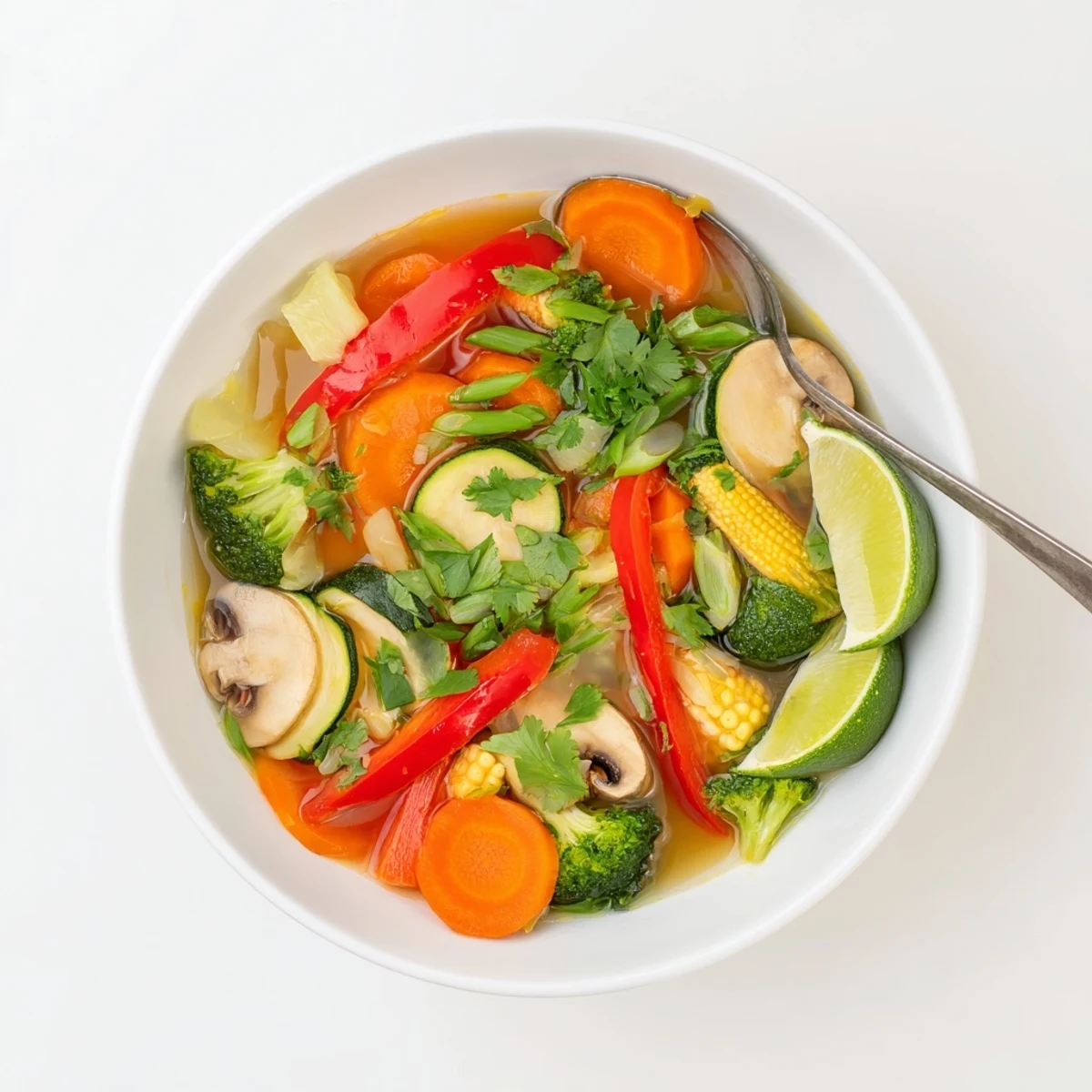 Vibrant Thai lemongrass vegetable hearty soup featuring carrots bell peppers and broccoli in aromatic broth