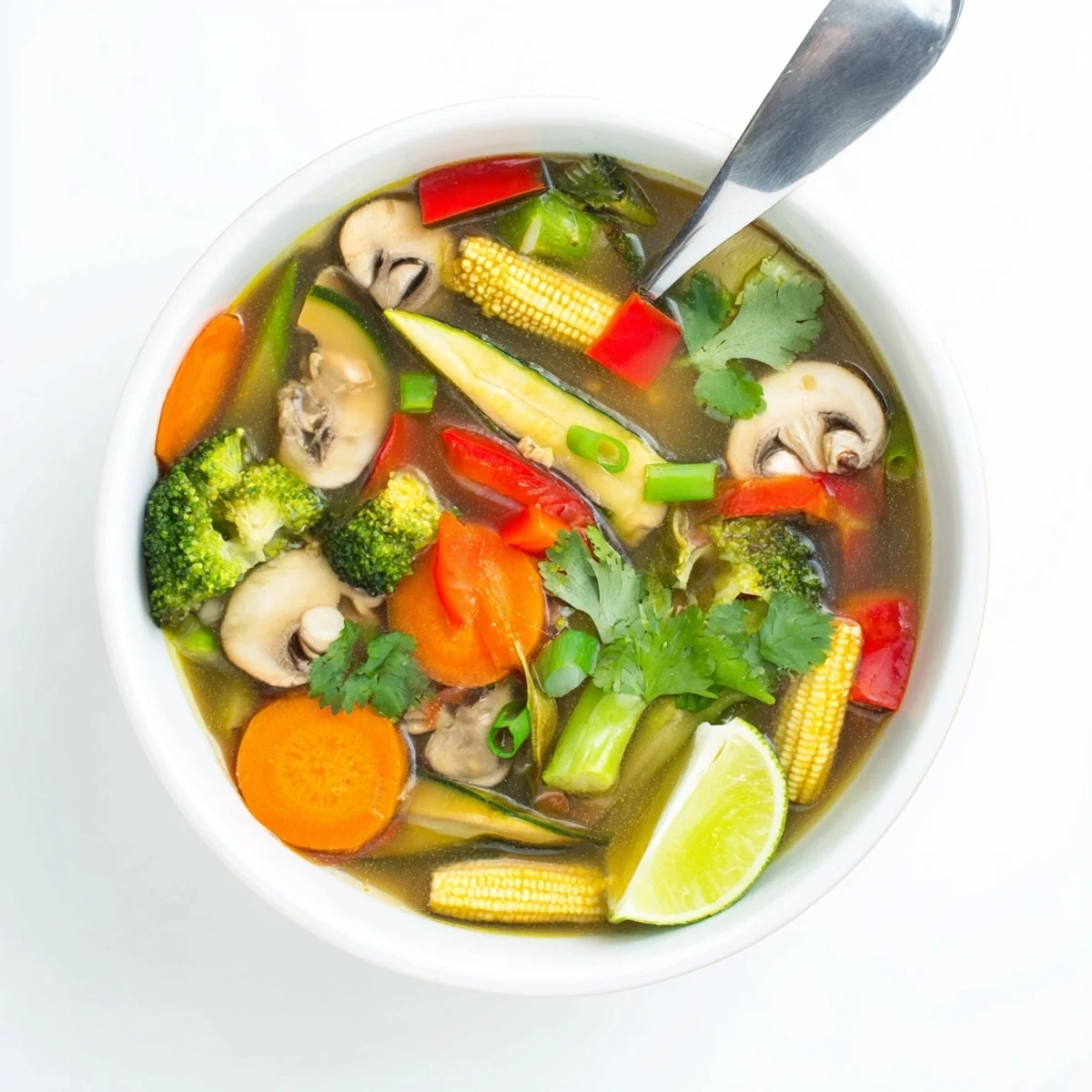 Steamy bowl of Thai lemongrass vegetable hearty soup with colorful vegetables and fresh cilantro garnish