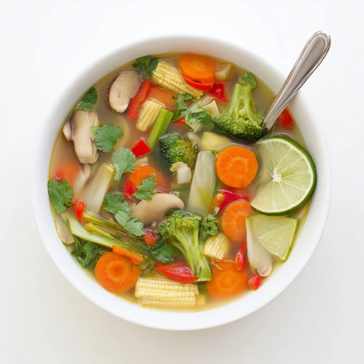 Golden Thai lemongrass vegetable hearty soup simmered with snap peas baby corn and lime wedges