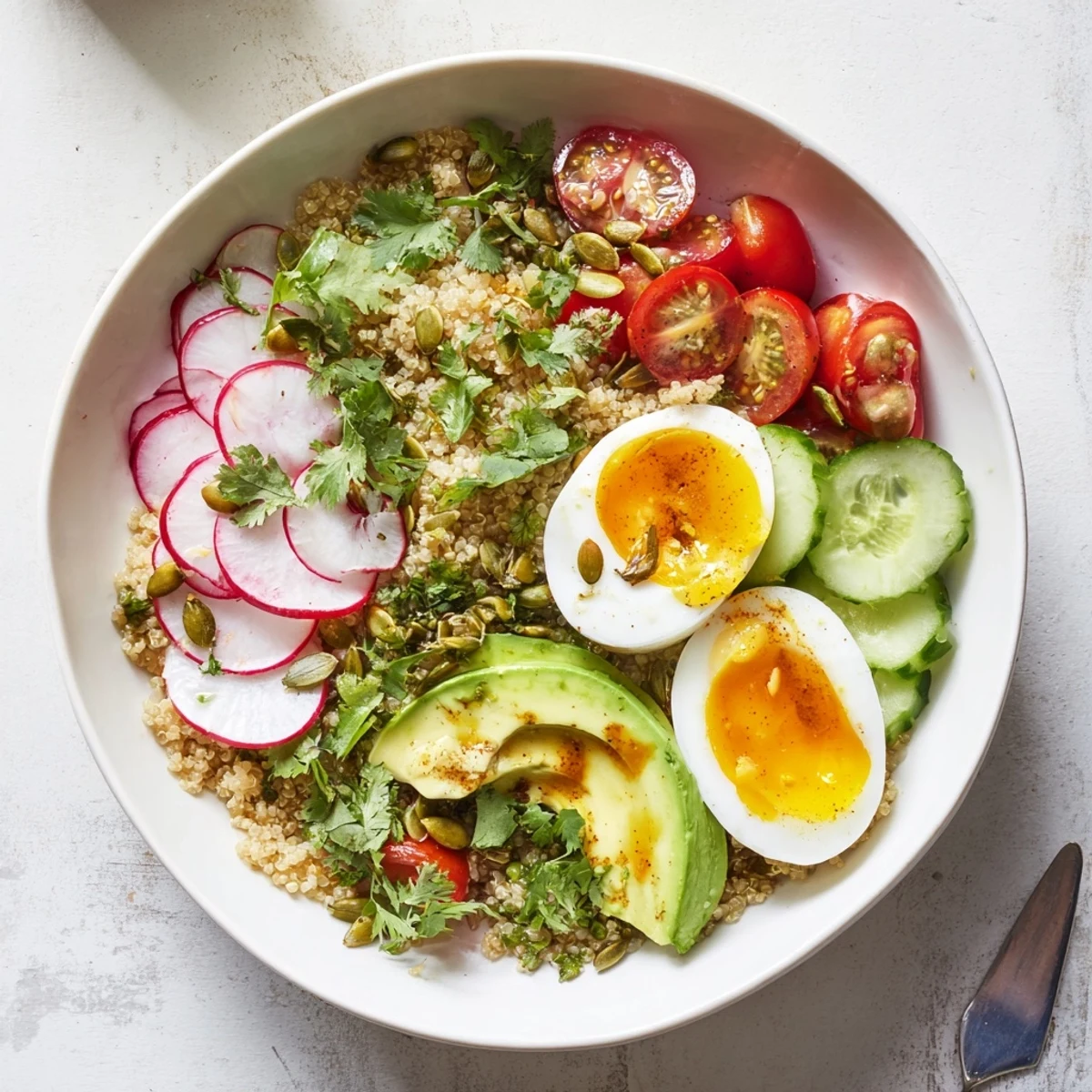 Colorful breakfast bowl featuring fluffy quinoa topped with ripe avocado slices, cherry tomatoes, and soft-boiled eggs drizzled with lime dressing