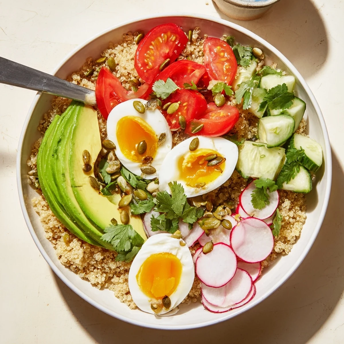 Protein-packed avocado lime quinoa breakfast bowl arranged with fresh vegetables, toasted pumpkin seeds, and vibrant cilantro garnish