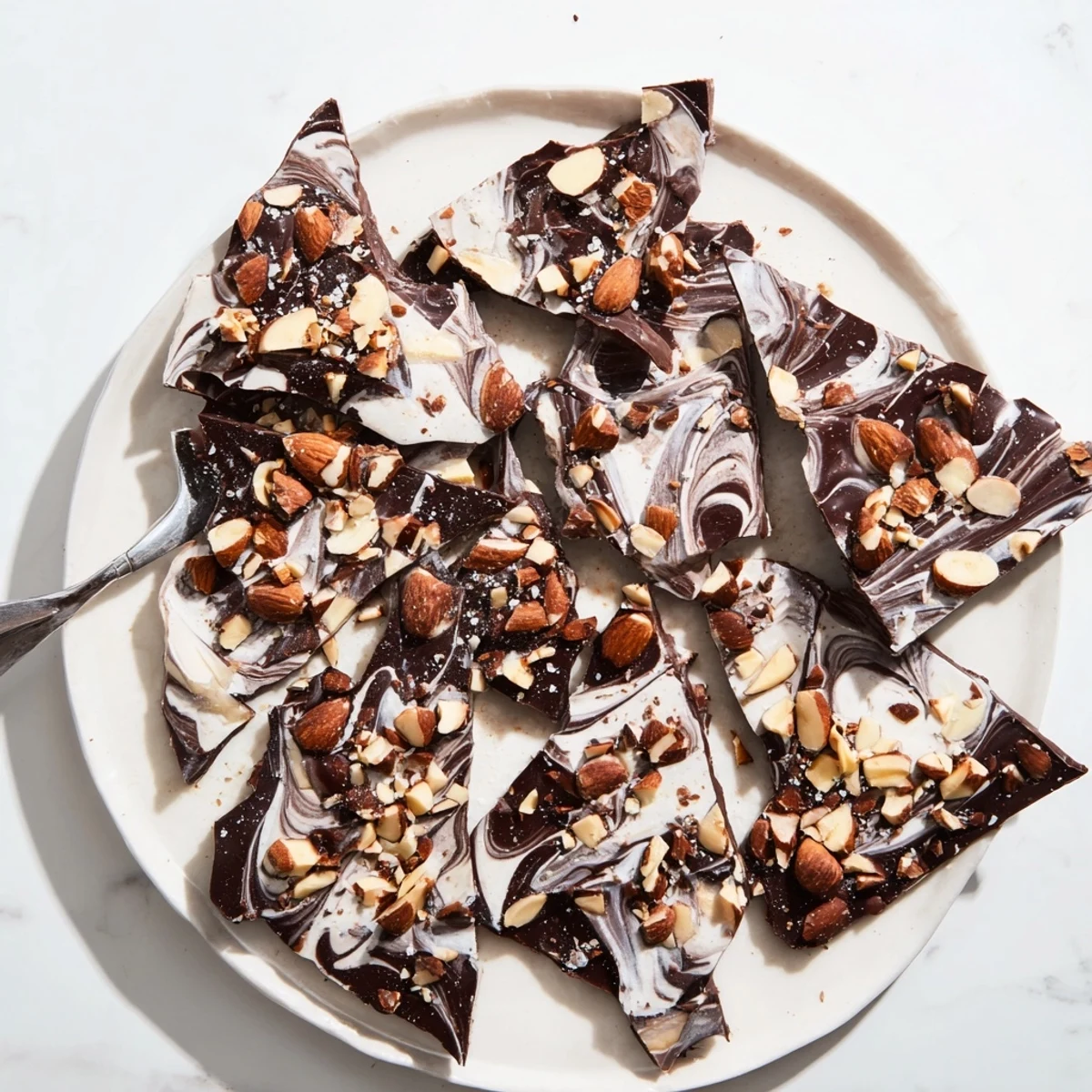 Homemade cacao almond butter freezer bark swirled with creamy nut butter and topped with roasted almonds and flaky sea salt on a parchment-lined baking sheet