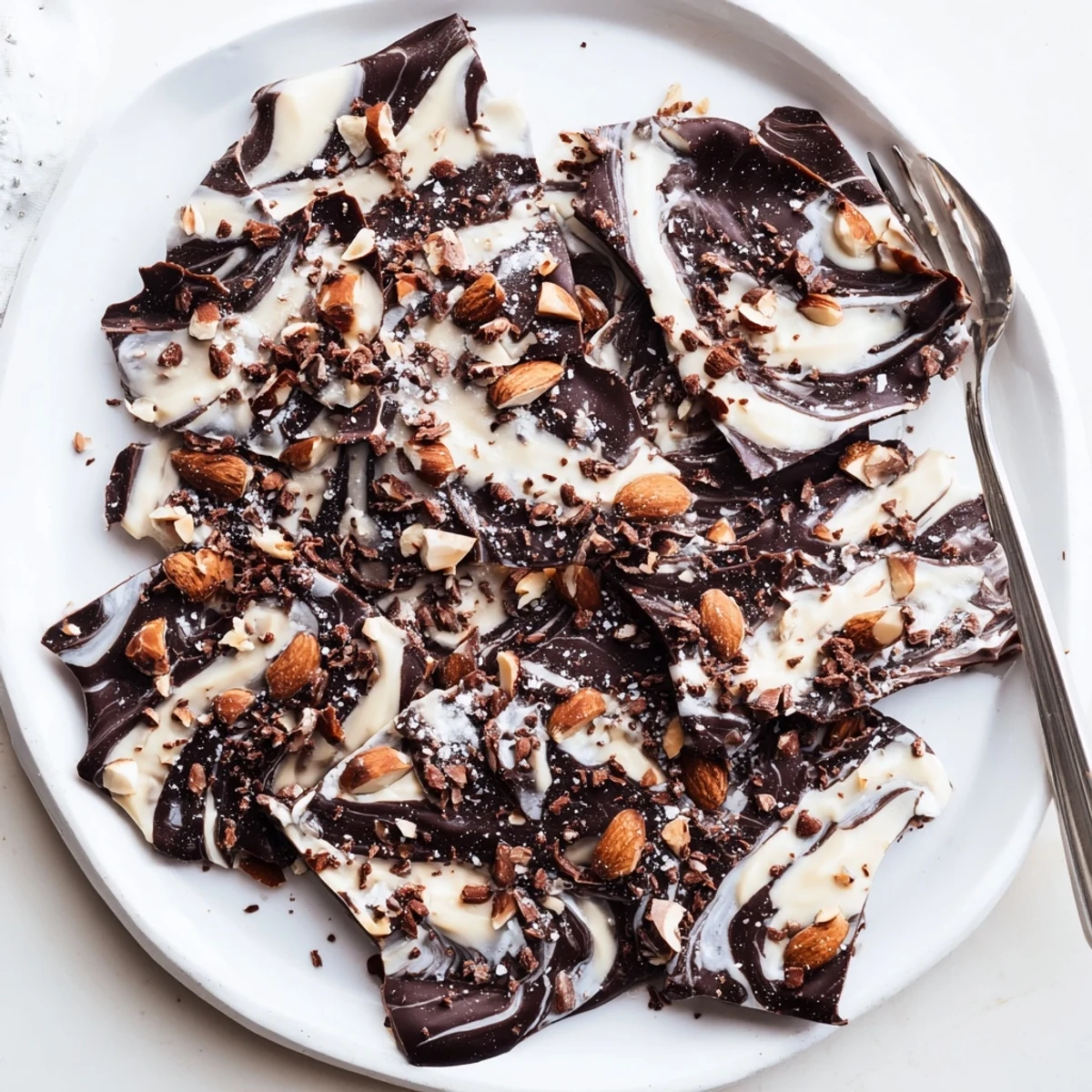 Broken pieces of rich dark chocolate cacao almond butter freezer bark arranged on a white plate, showcasing the marbleized swirl pattern and crunchy almond topping