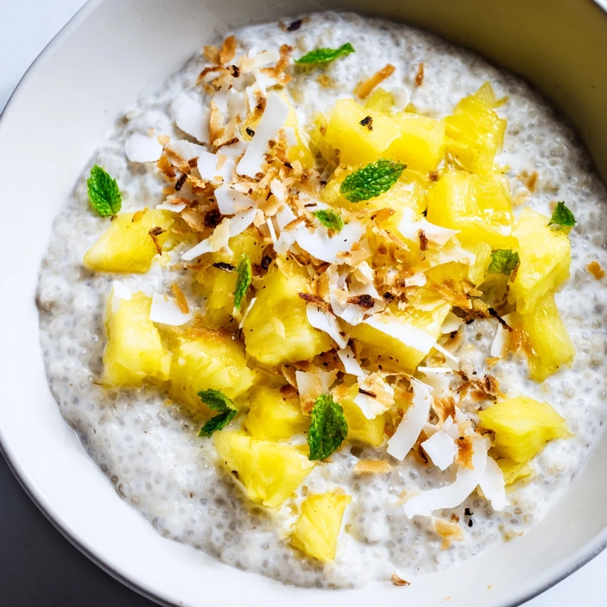 Creamy pineapple ginger coconut chia breakfast bowl topped with fresh diced pineapple and toasted coconut flakes