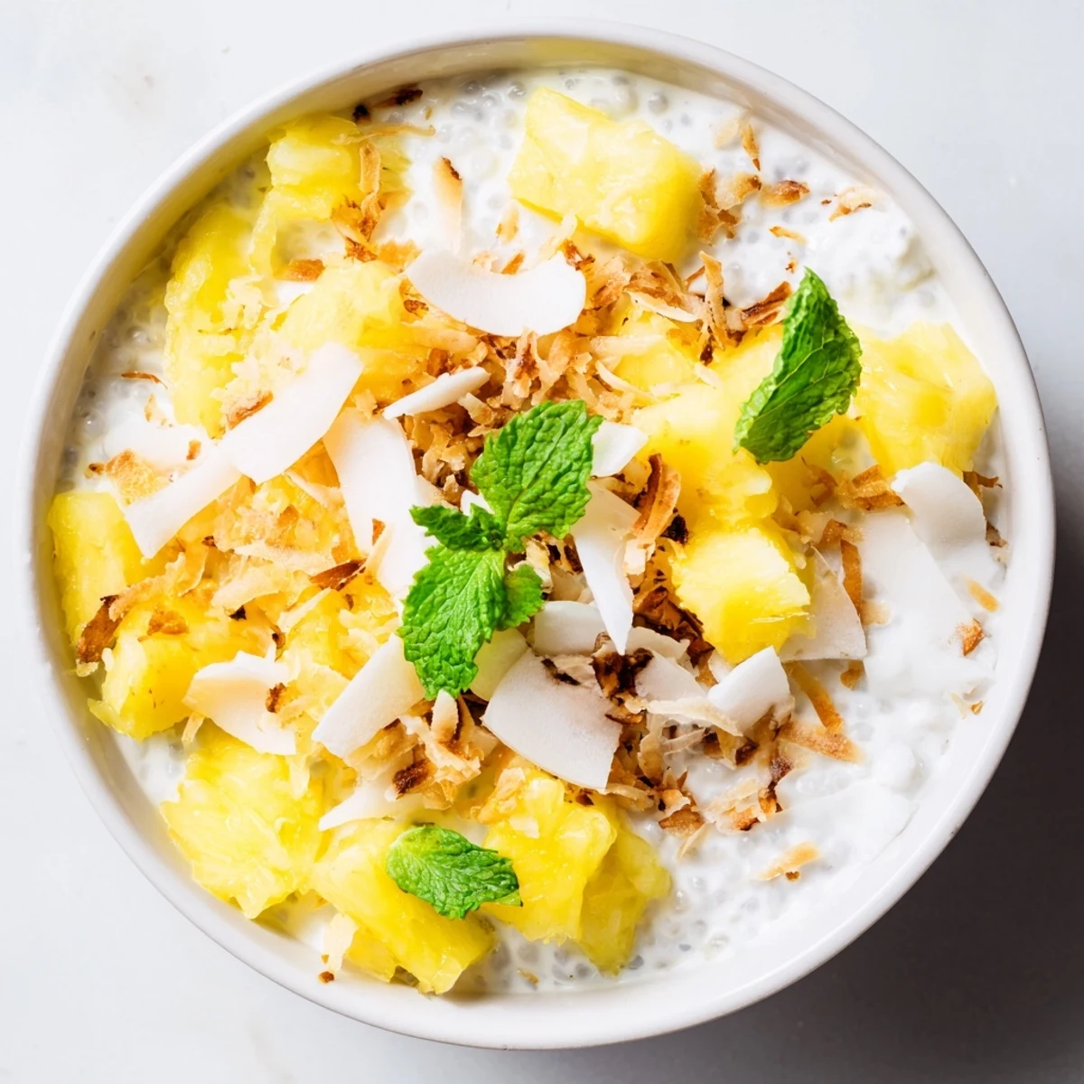 Vibrant tropical chia pudding bowl featuring coconut milk base with zesty ginger pineapple garnish