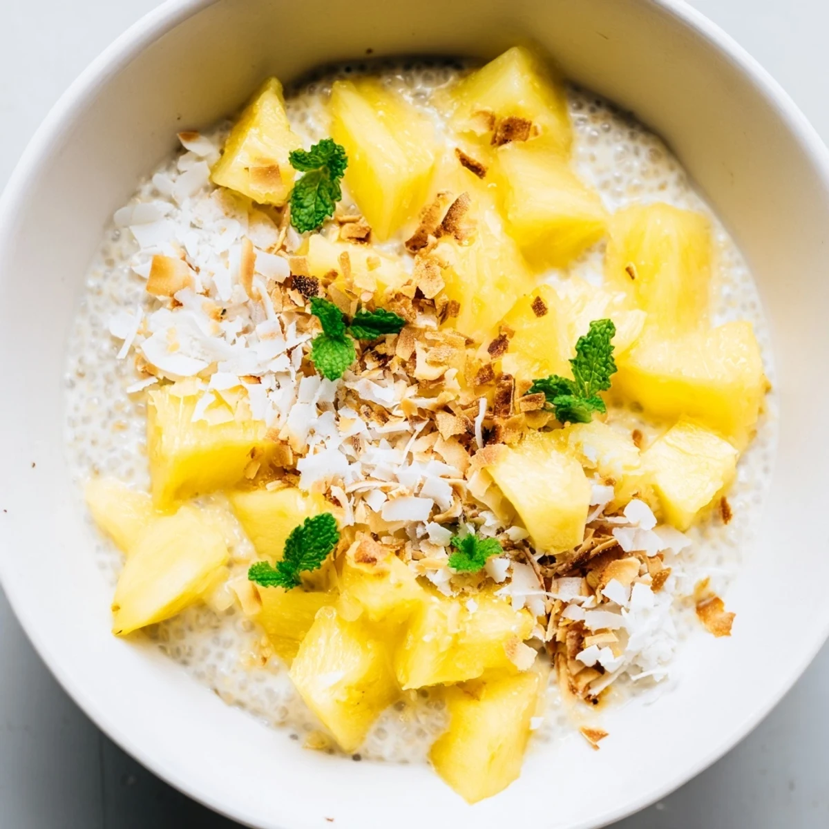 Overnight coconut chia breakfast bowl arranged with pineapple chunks, ginger, and crunchy toasted coconut sprinkles