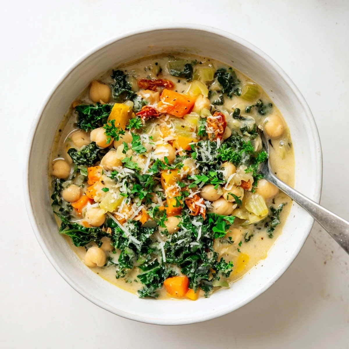 Rustic bowl of creamy Tuscan chickpea and kale soup with fresh parsley garnish
